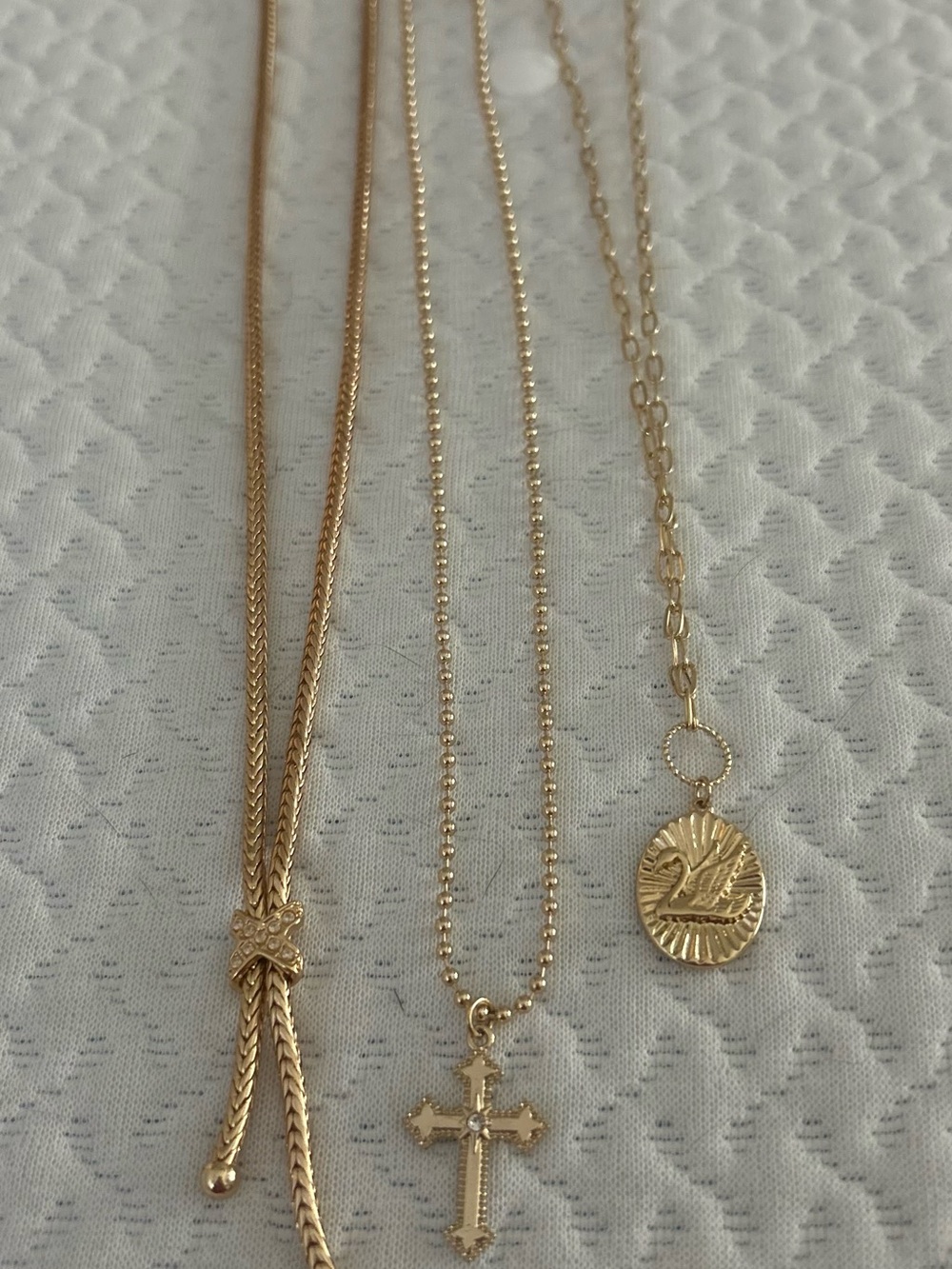 Gold Tone Cross and Swan Pendant Layered Necklace Set